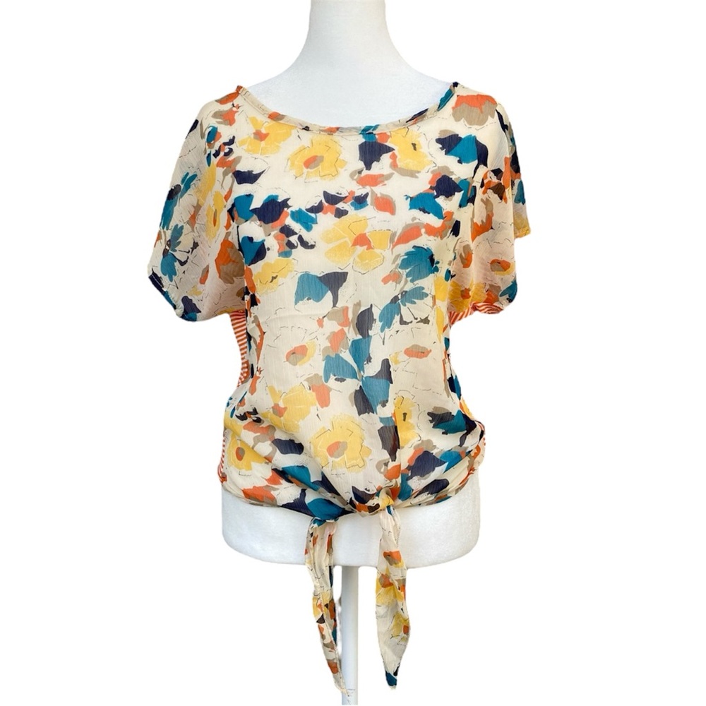 Living Doll Mixed Print Floral Striped Tie Front Top